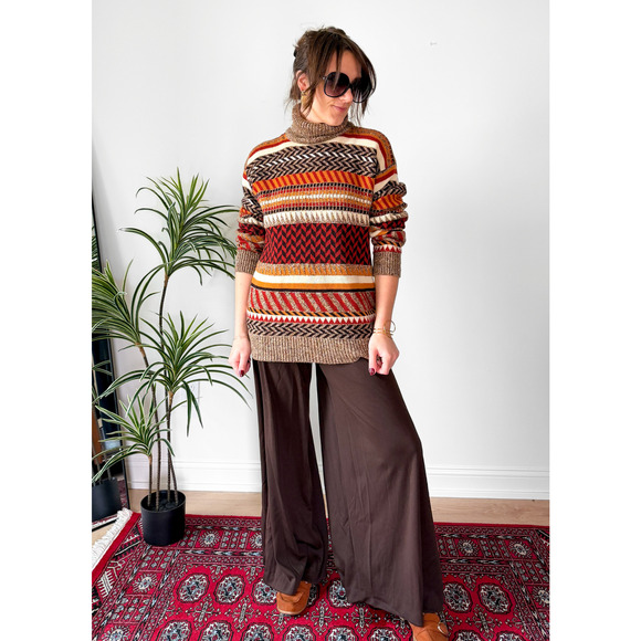 Vintage 70s Saint Laurent Rive Gauche Brown Rust Cream Knit Turtleneck Sweater - Picture 7 of 12